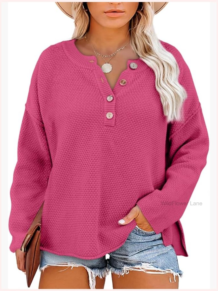 Plus Size Waffle Knit V Neck Henley Pullover Sweater - Loose Casual Tunic